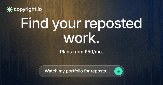 Social ad for copyright.io: "Find your reposted work." Agentic glass style, centred layout, dark palette in black, blue, grey.