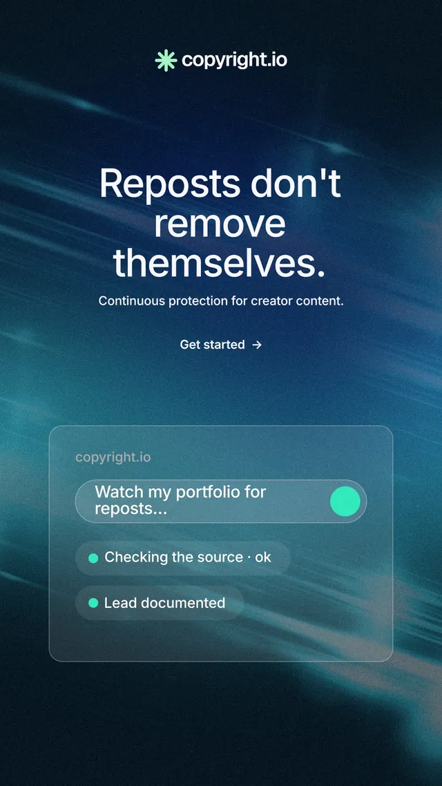 Instagram story for copyright.io: "Reposts don't remove themselves." Minimal luxury style, centred layout, dark palette in black, blue.
