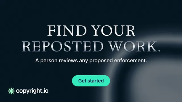 Landscape graphic for copyright.io: "Find your reposted work." Y2K style, centred layout, dark palette in black, grey, blue.