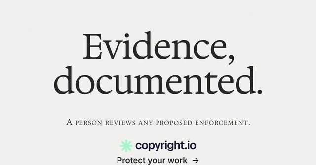 Social ad for copyright.io: "Evidence, documented." Editorial style, smallcaps layout, light palette in white.