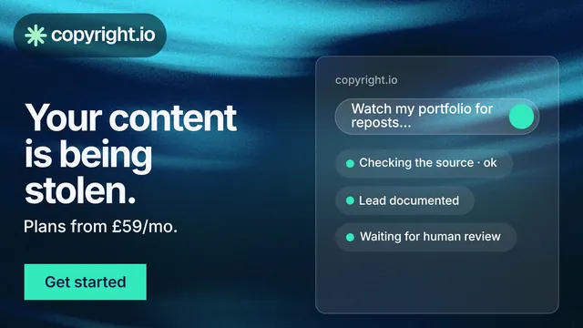 Landscape graphic for copyright.io: "Your content is being stolen." Swiss style, bottom layout, dark palette in blue, black, teal.