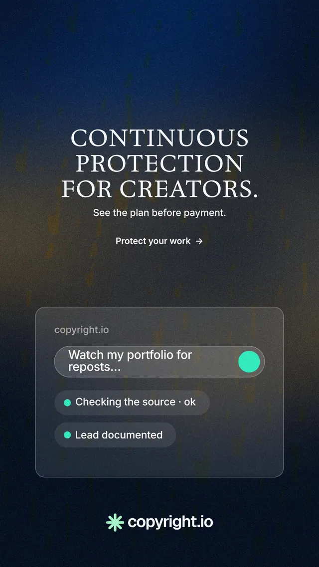 Instagram story for copyright.io: "Continuous protection for creators." Minimal luxury style, centred layout, dark palette in black, blue, grey.