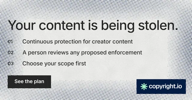Social ad for copyright.io: "Your content is being stolen." Retro print style, numbered layout, light palette in grey, white.