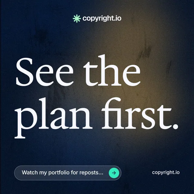 Instagram post for copyright.io: "See the plan first." Agentic glass style, poster layout, dark palette in black, blue, grey.