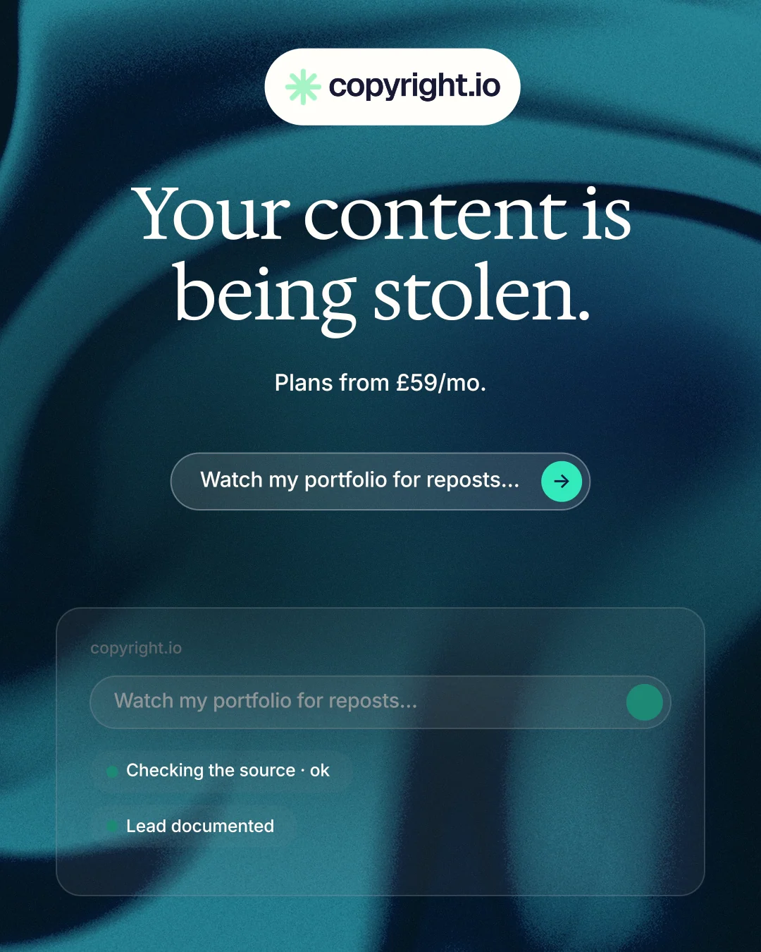 Instagram portrait post for copyright.io: "Your content is being stolen." Agentic glass style, centred layout, dark palette in blue, black, teal.