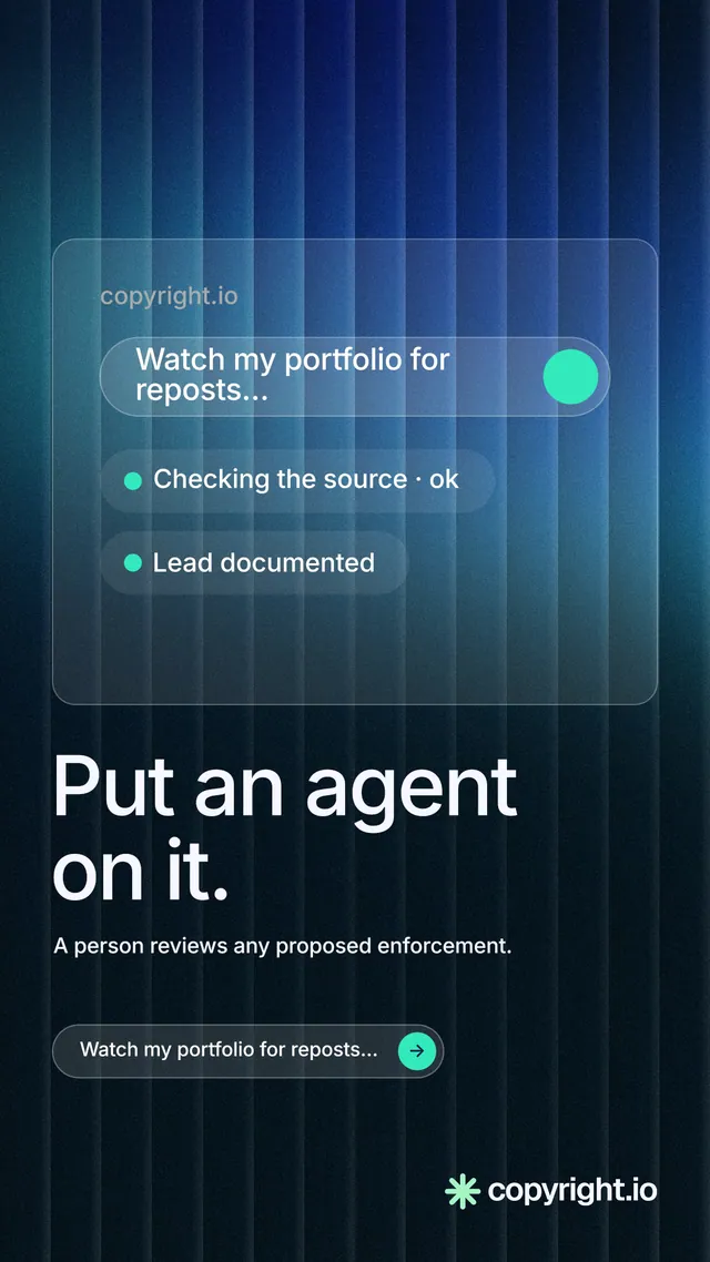 Instagram story for copyright.io: "Put an agent on it." Agentic glass style, bottom layout, dark palette in black, blue.