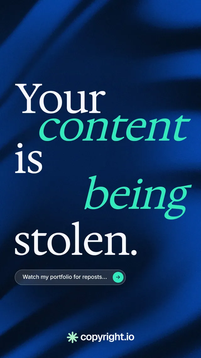 Instagram story for copyright.io: "Your content is being stolen." Agentic glass style, stacked layout, dark palette in blue, black, teal.