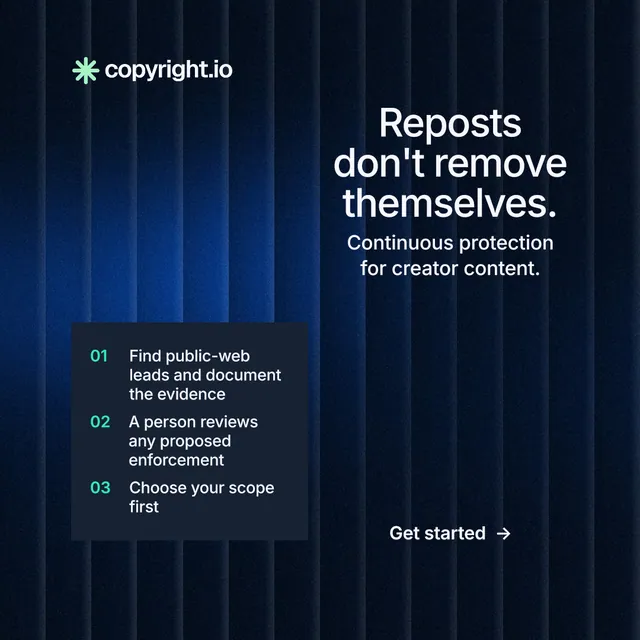 Instagram post for copyright.io: "Reposts don't remove themselves." Minimal luxury style, skeleton layout, dark palette in blue, black.