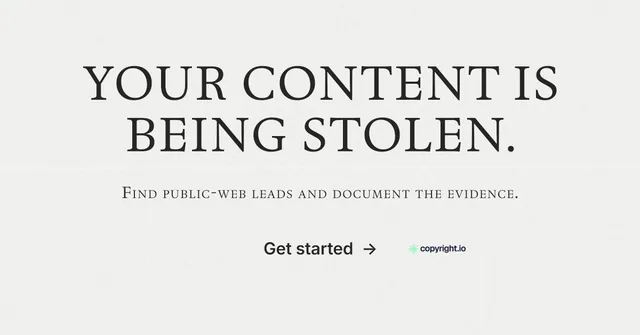 Social ad for copyright.io: "Your content is being stolen." Minimal luxury style, smallcaps layout, light palette in white.