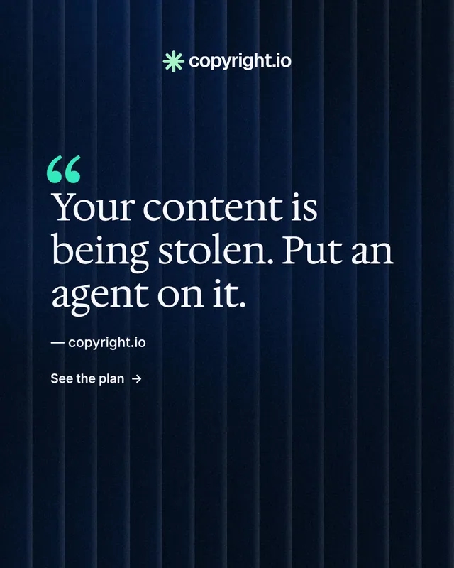 Instagram portrait post for copyright.io: "See the plan first." Minimal luxury style, quote layout, dark palette in black, blue.
