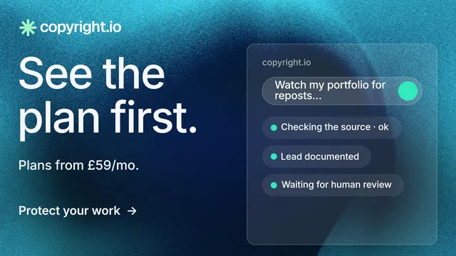 Landscape graphic for copyright.io: "See the plan first." Minimal luxury style, bottom layout, dark palette in teal, blue.