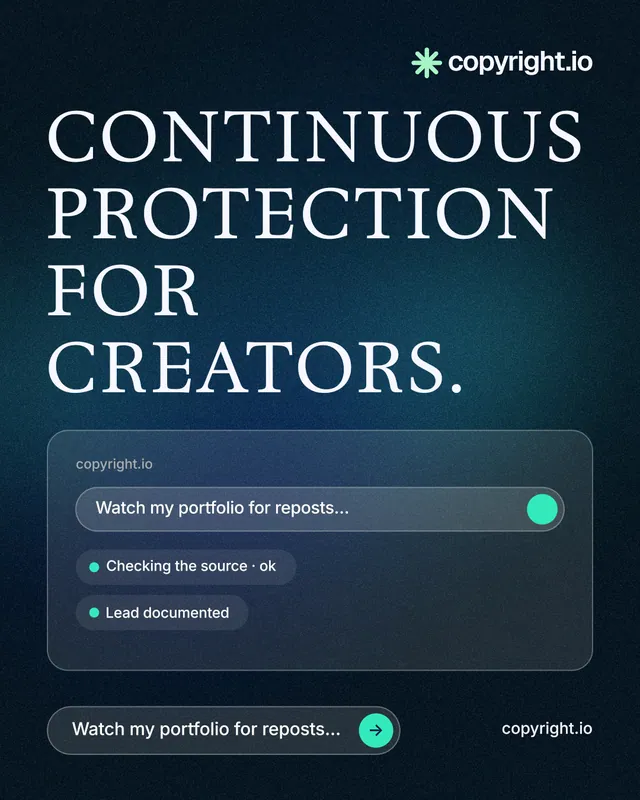 Instagram portrait post for copyright.io: "Continuous protection for creators." Agentic glass style, poster layout, dark palette in black, blue, grey.