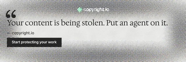 X header for copyright.io: "Find your reposted work." Retro print style, quote layout, light palette in grey, white.