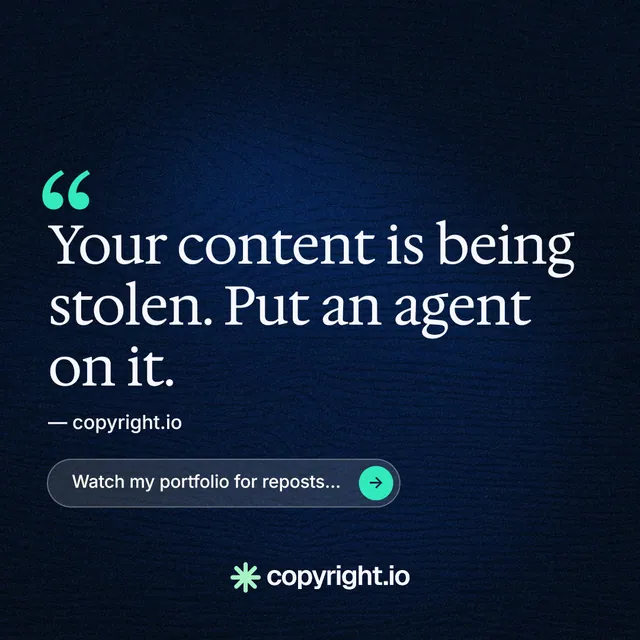 Instagram post for copyright.io: "Continuous protection for creators." Agentic glass style, quote layout, dark palette in black, blue.