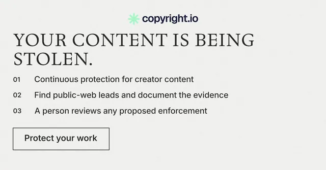 Social ad for copyright.io: "Your content is being stolen." Editorial style, numbered layout, light palette in white.