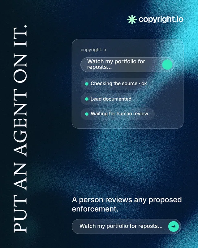 Instagram portrait post for copyright.io: "Put an agent on it." Agentic glass style, vertical layout, dark palette in blue, black.
