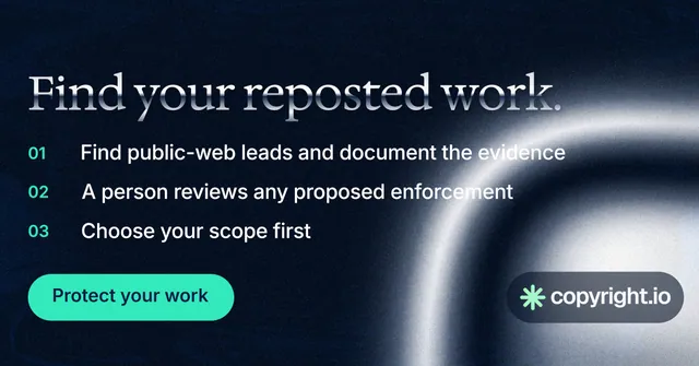 Social ad for copyright.io: "Find your reposted work." Y2K style, numbered layout, dark palette in black, blue, grey.