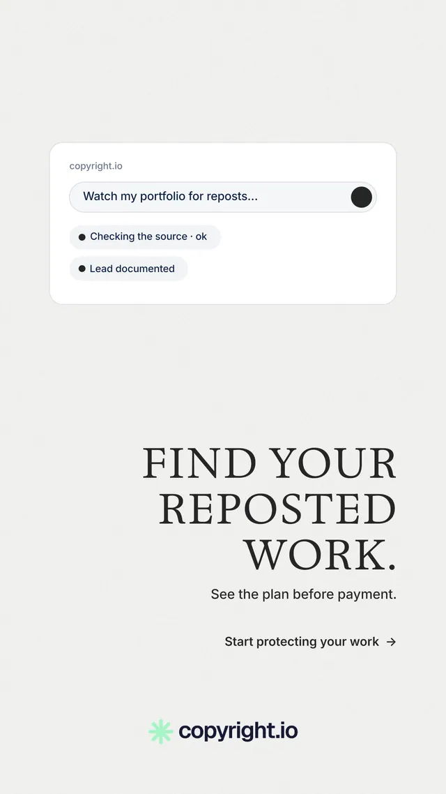 Instagram story for copyright.io: "Find your reposted work." Minimal luxury style, right layout, light palette in white.