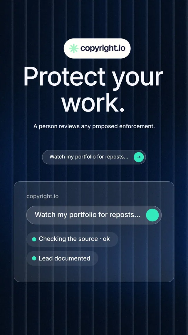 Instagram story for copyright.io: "Protect your work." Agentic glass style, centred layout, dark palette in blue, black.