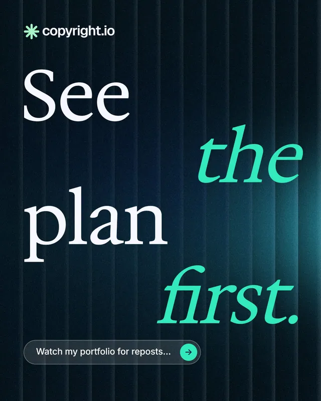 Instagram portrait post for copyright.io: "See the plan first." Agentic glass style, stacked layout, dark palette in black, teal.