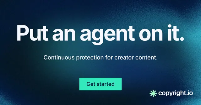Social ad for copyright.io: "Put an agent on it." Swiss style, centred layout, dark palette in blue, black, teal.