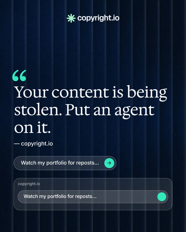 Instagram portrait post for copyright.io: "Find your reposted work." Agentic glass style, quote layout, dark palette in black, blue, grey.