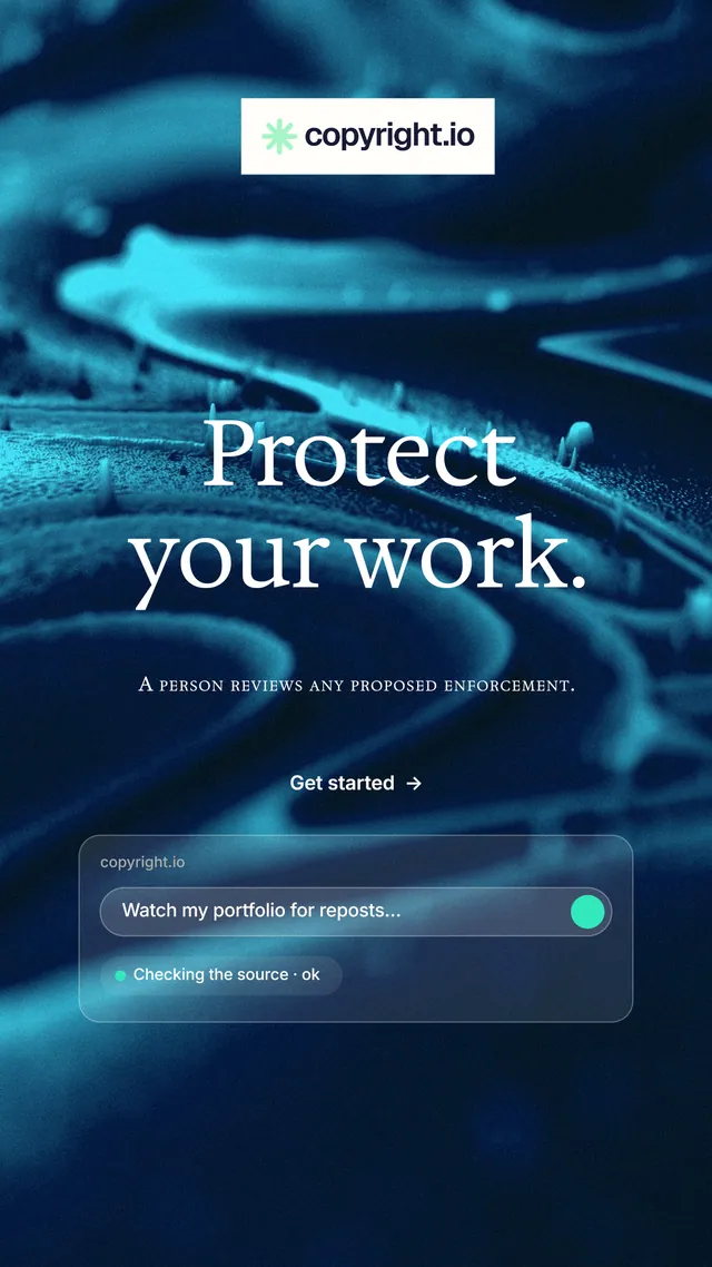 Instagram story for copyright.io: "Protect your work." Minimal luxury style, smallcaps layout, dark palette in blue, black.