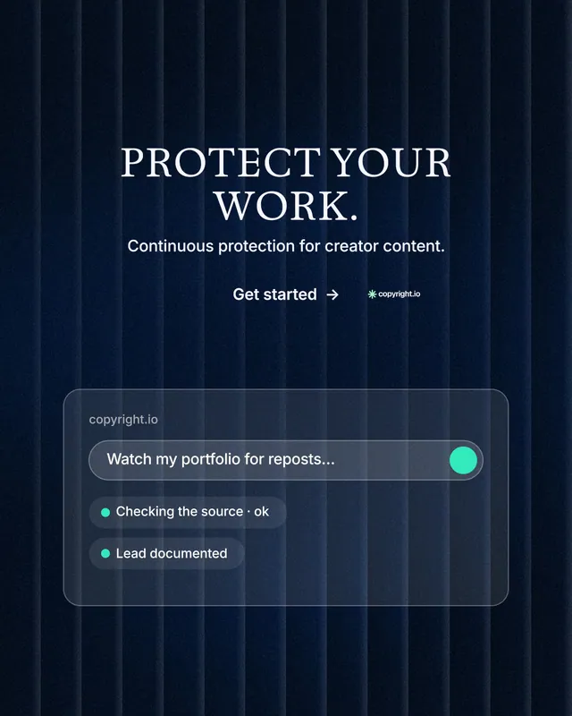 Instagram portrait post for copyright.io: "Protect your work." Minimal luxury style, centred layout, dark palette in blue, black.
