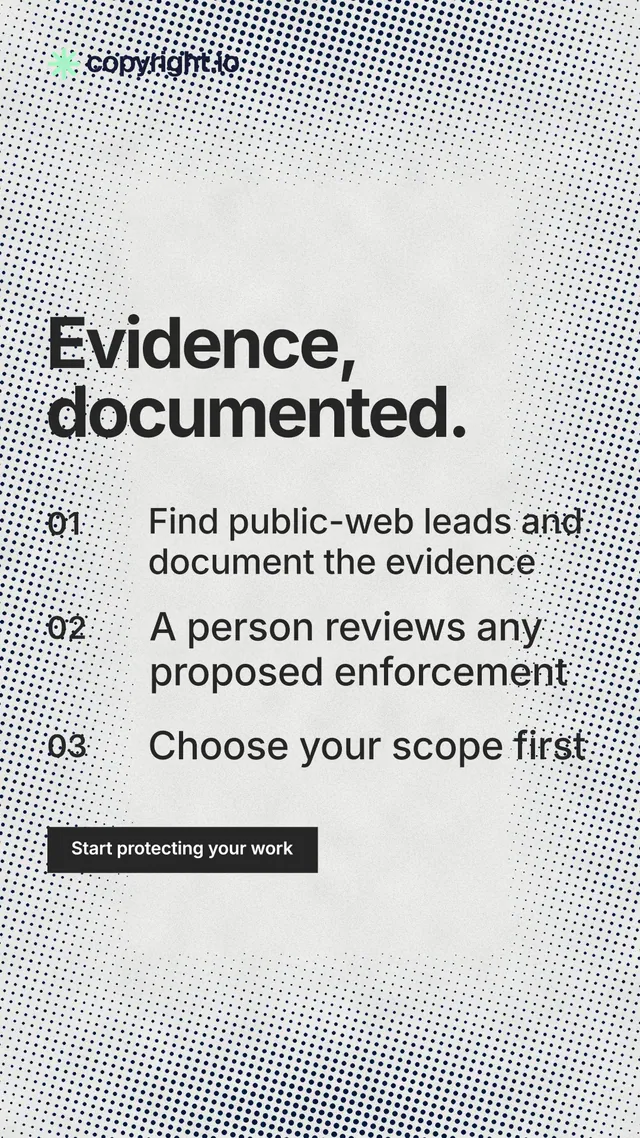 Instagram story for copyright.io: "Evidence, documented." Swiss style, numbered layout, light palette in white, grey.
