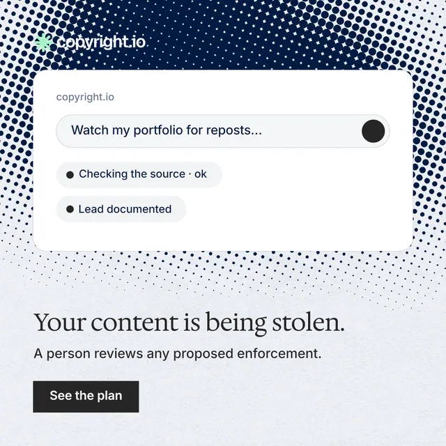 Instagram post for copyright.io: "Your content is being stolen." Split block style, bottom layout, light palette in white, grey.