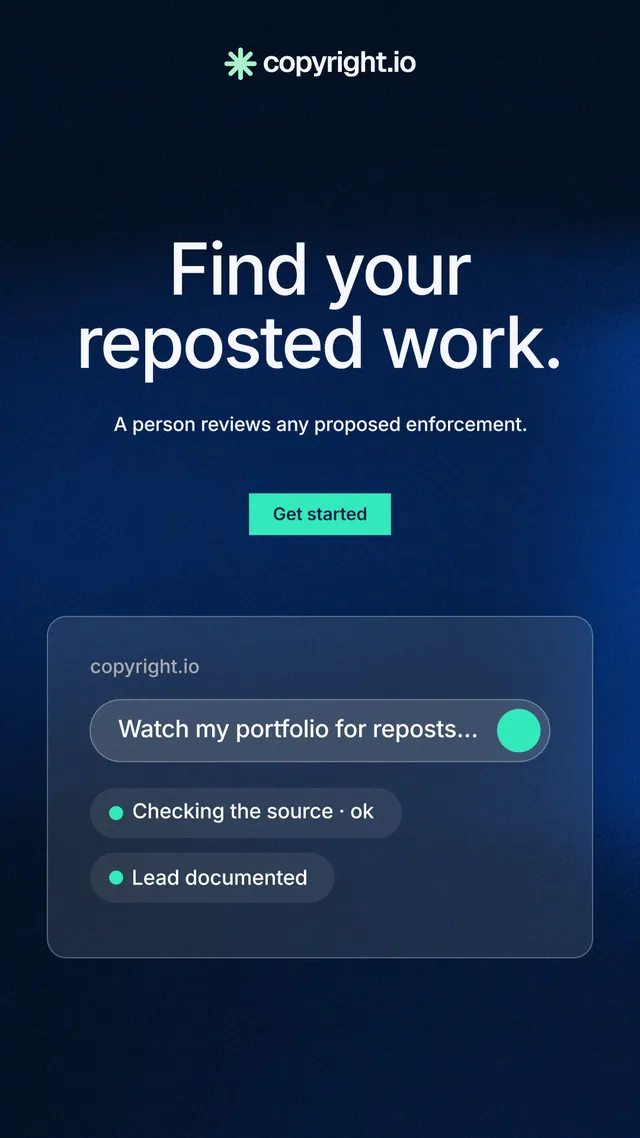 Instagram story for copyright.io: "Find your reposted work." Swiss style, centred layout, dark palette in black, blue.