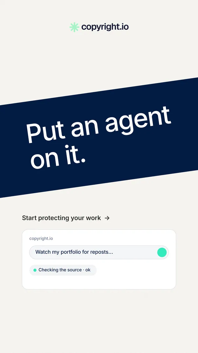 Instagram story for copyright.io: "Put an agent on it." Minimal luxury style, diagonal layout, light palette in white, blue.