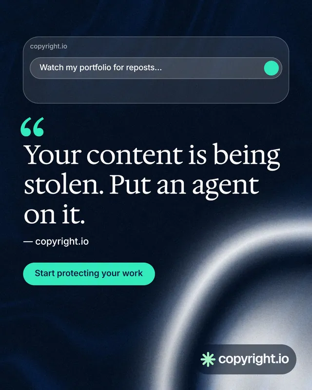 Instagram portrait post for copyright.io: "Protect your work." Y2K style, quote layout, dark palette in blue, black, grey.