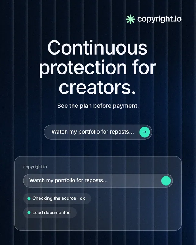Instagram portrait post for copyright.io: "Continuous protection for creators." Agentic glass style, centred layout, dark palette in blue, black.