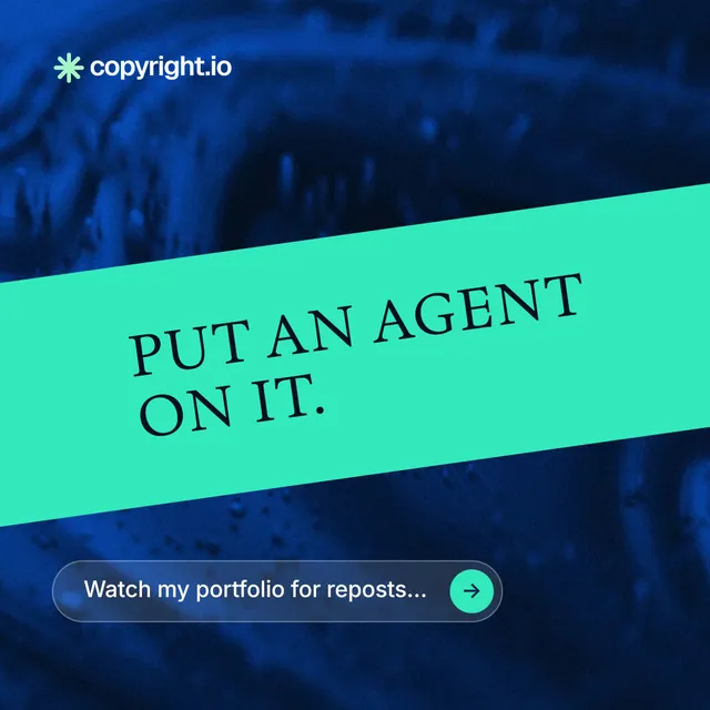 Instagram post for copyright.io: "Put an agent on it." Agentic glass style, diagonal layout, dark palette in teal, black, blue.