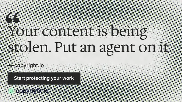 Landscape graphic for copyright.io: "Protect your work." Swiss style, quote layout, light palette in grey, white.