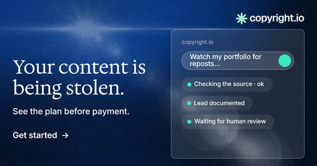 Social ad for copyright.io: "Your content is being stolen." Minimal luxury style, bottom layout, dark palette in black, blue.