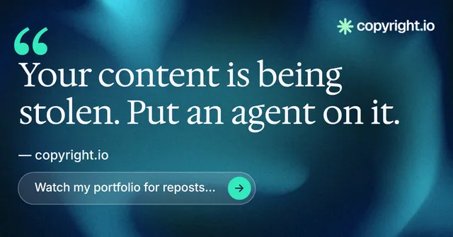Social ad for copyright.io: "Your content is being stolen." Agentic glass style, quote layout, dark palette in blue, teal.