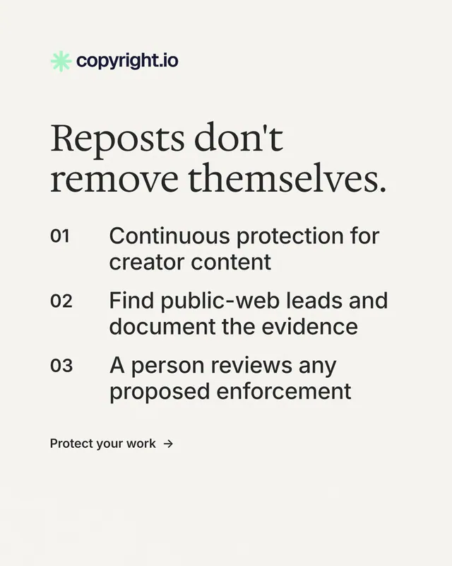 Instagram portrait post for copyright.io: "Reposts don't remove themselves." Minimal luxury style, numbered layout, light palette in white, grey.