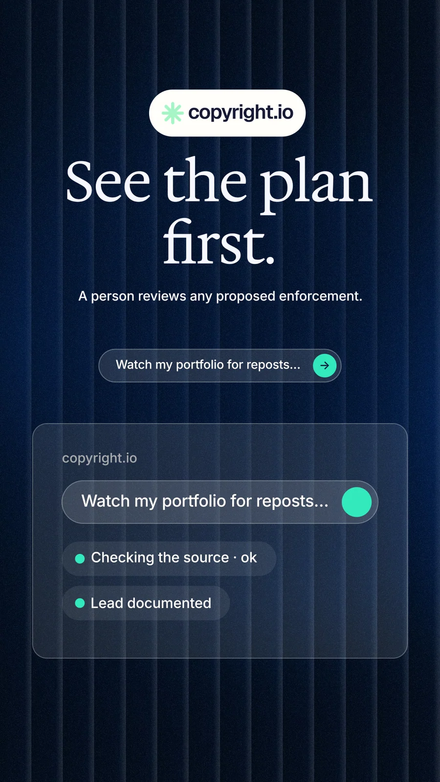 Instagram story for copyright.io: "See the plan first." Agentic glass style, centred layout, dark palette in black, blue, grey.