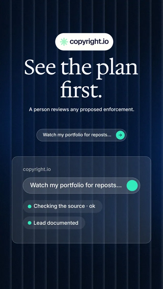 Instagram story for copyright.io: "See the plan first." Agentic glass style, centred layout, dark palette in black, blue, grey.