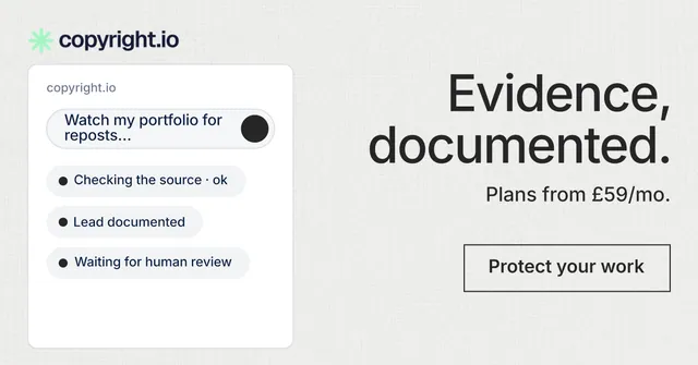 Social ad for copyright.io: "Evidence, documented." Editorial style, right layout, light palette in white, grey.