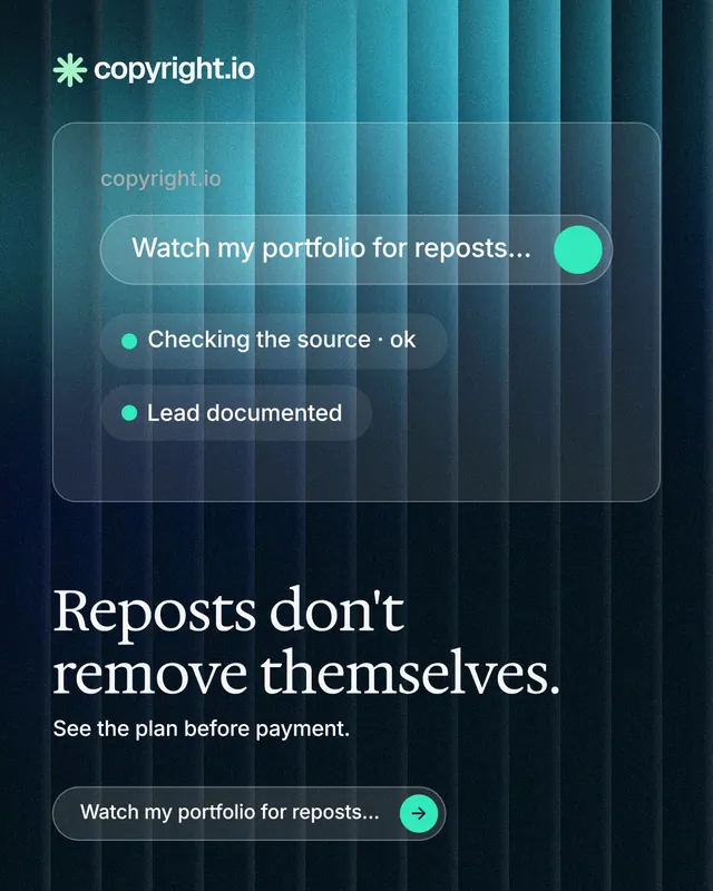 Instagram portrait post for copyright.io: "Reposts don't remove themselves." Agentic glass style, bottom layout, dark palette in black, blue, teal.