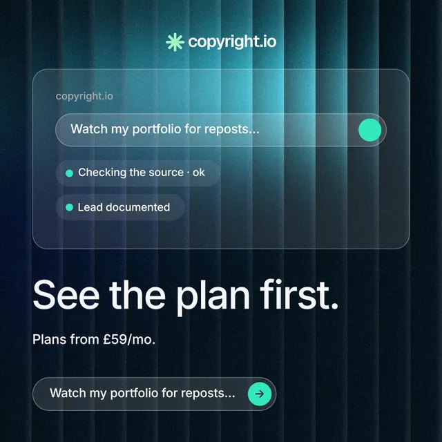 Instagram post for copyright.io: "See the plan first." Agentic glass style, bottom layout, dark palette in blue, black, teal.
