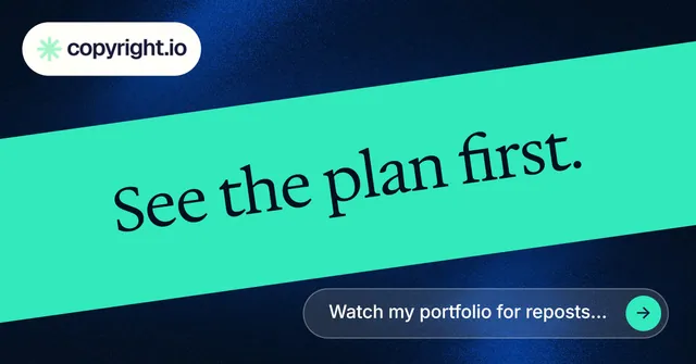 Social ad for copyright.io: "See the plan first." Agentic glass style, diagonal layout, light palette in teal, black, blue.