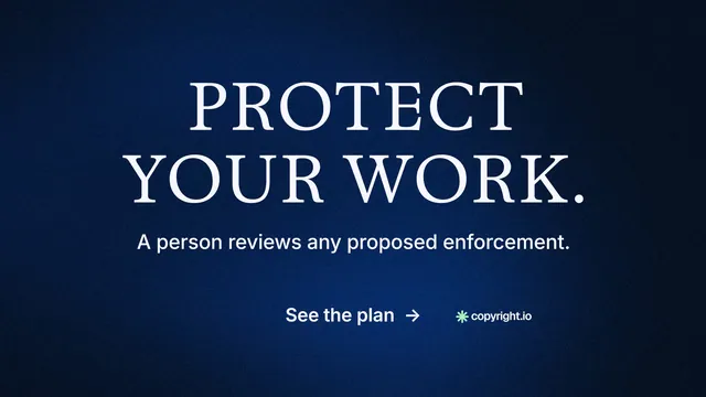 Landscape graphic for copyright.io: "Protect your work." Minimal luxury style, centred layout, dark palette in blue, black.