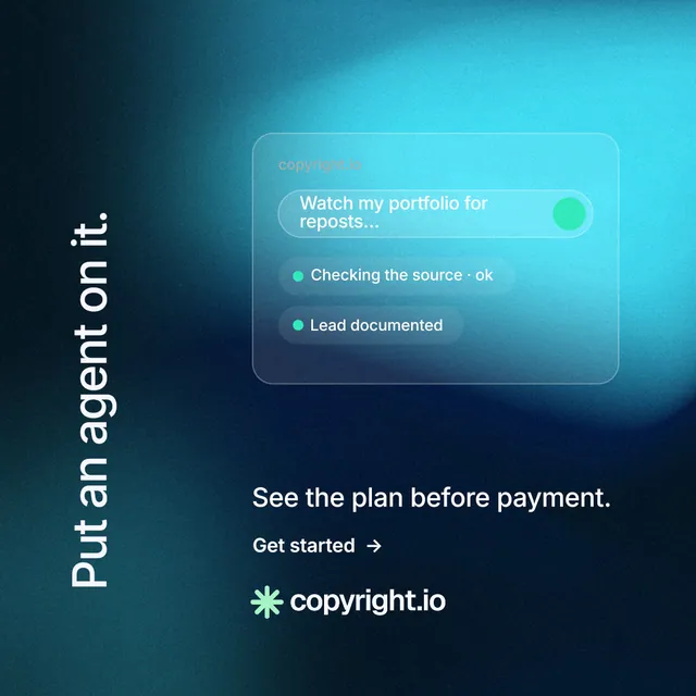 Instagram post for copyright.io: "Put an agent on it." Minimal luxury style, vertical layout, dark palette in black, blue, teal.
