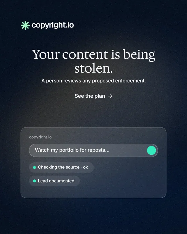 Instagram portrait post for copyright.io: "Your content is being stolen." Minimal luxury style, centred layout, dark palette in black, grey.