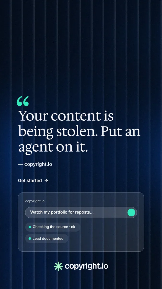 Instagram story for copyright.io: "Continuous protection for creators." Minimal luxury style, quote layout, dark palette in black, blue.