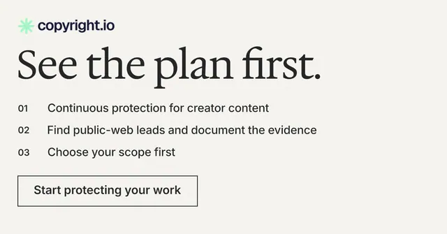 Social ad for copyright.io: "See the plan first." Editorial style, numbered layout, light palette in white, grey.